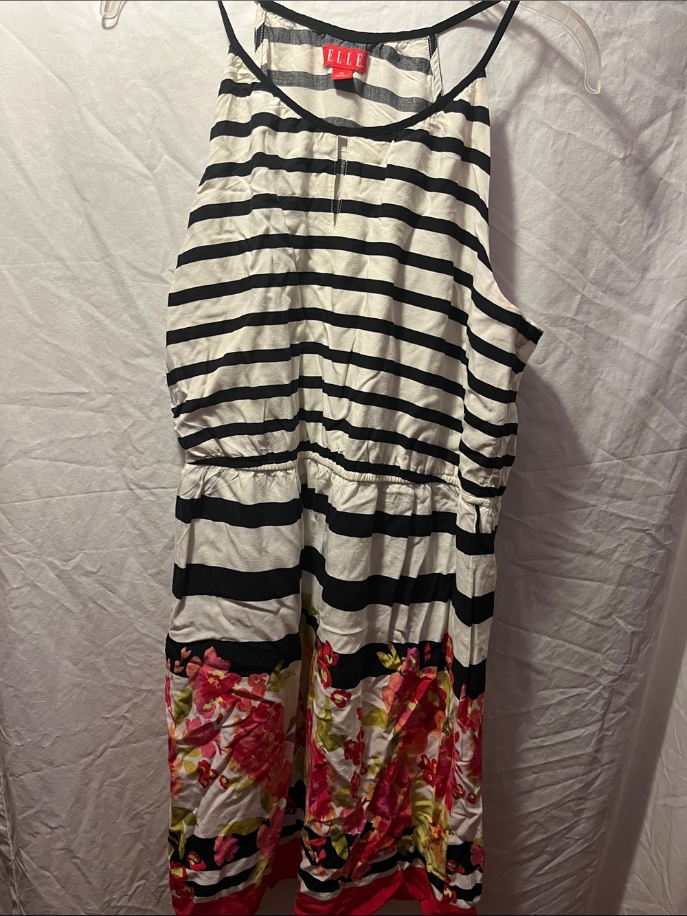 Elle Black & White Striped Dress with Pink Floral Hem